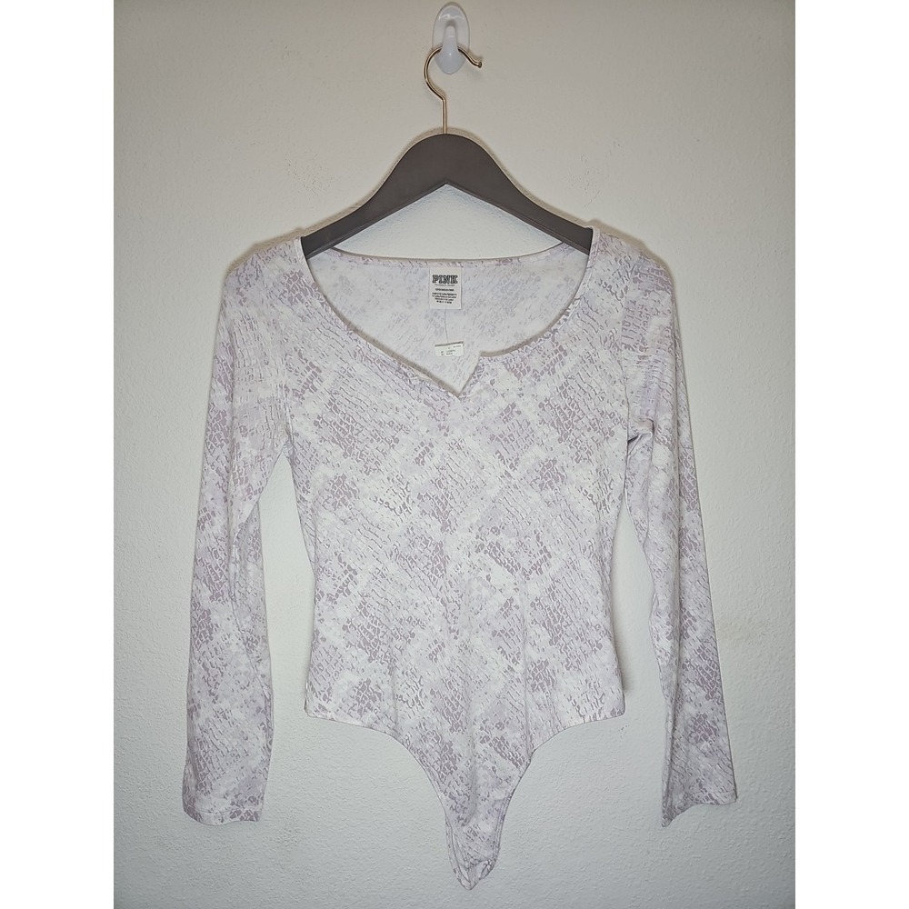 Victoria's‎ Secret Pink Long Sleeve Thong Bodysuit Purple Cream  Snake Size S